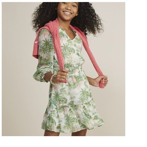 Vineyard Vines Other - Vineyard Vines Girls Smocked Waist Dress Green Pink Palms Viscose Sz XL(16) NWT